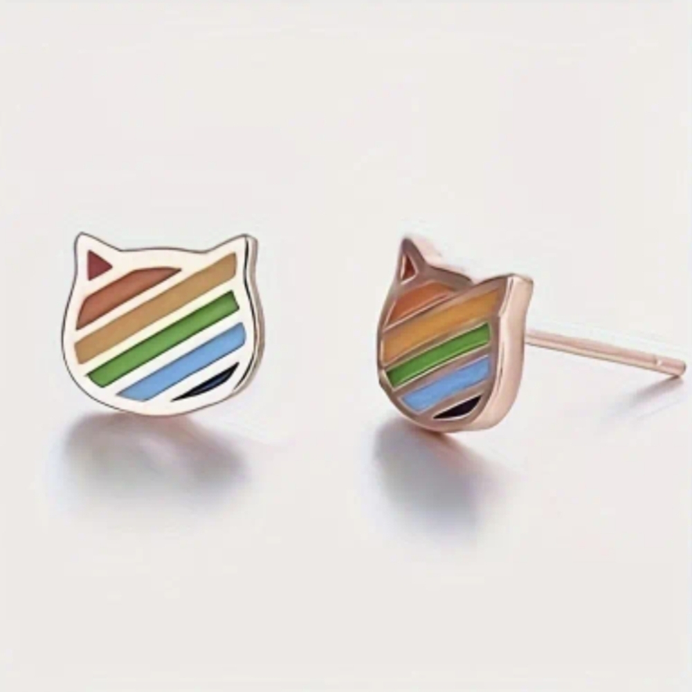 🌈 Earrings--Tiny Rainbow Kitty Face Posts, Rose Gold